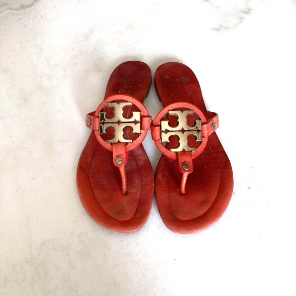 Tory Burch Metal Miller Soft Leather Sandals (orange / gold) T strap flat sandal - Picture 1 of 7
